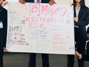 新入社員研修で「社会人1年目の過ごし方」をテーマに、グループワークで意見をまとめ模造紙に整理した発表の様子